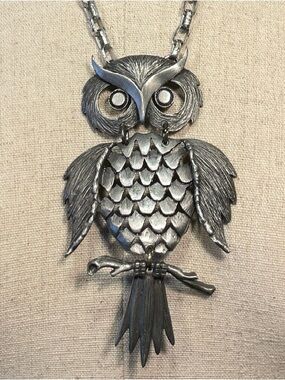 Vintage Articulated Owl Pendant Necklace Silver Tone Statement Boho 🦉